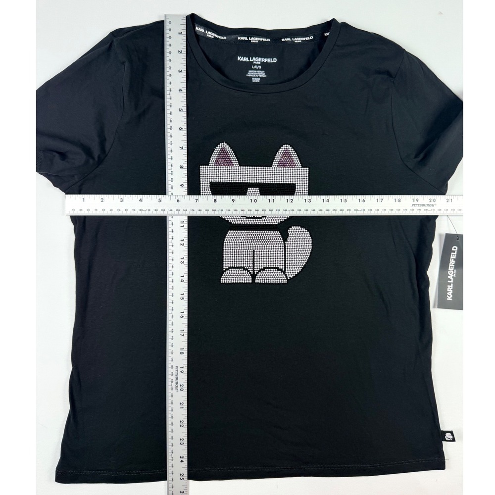 Karl Lagerfeld Paris Choupette T-Shirt Womens Large Black New Rhinestone - Picture 8 of 8